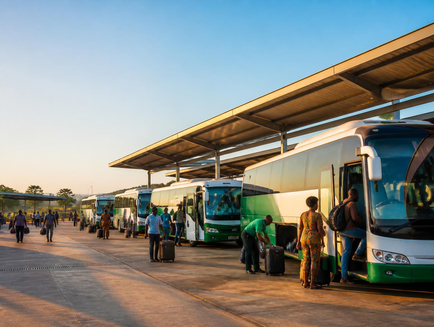 Parque de transporte interprovincial angolano com autocarros e passageiros